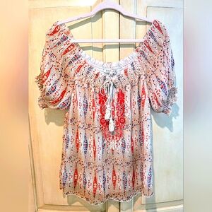 Joy Joy Women's Floral Peasant Blouse - Red and Blue